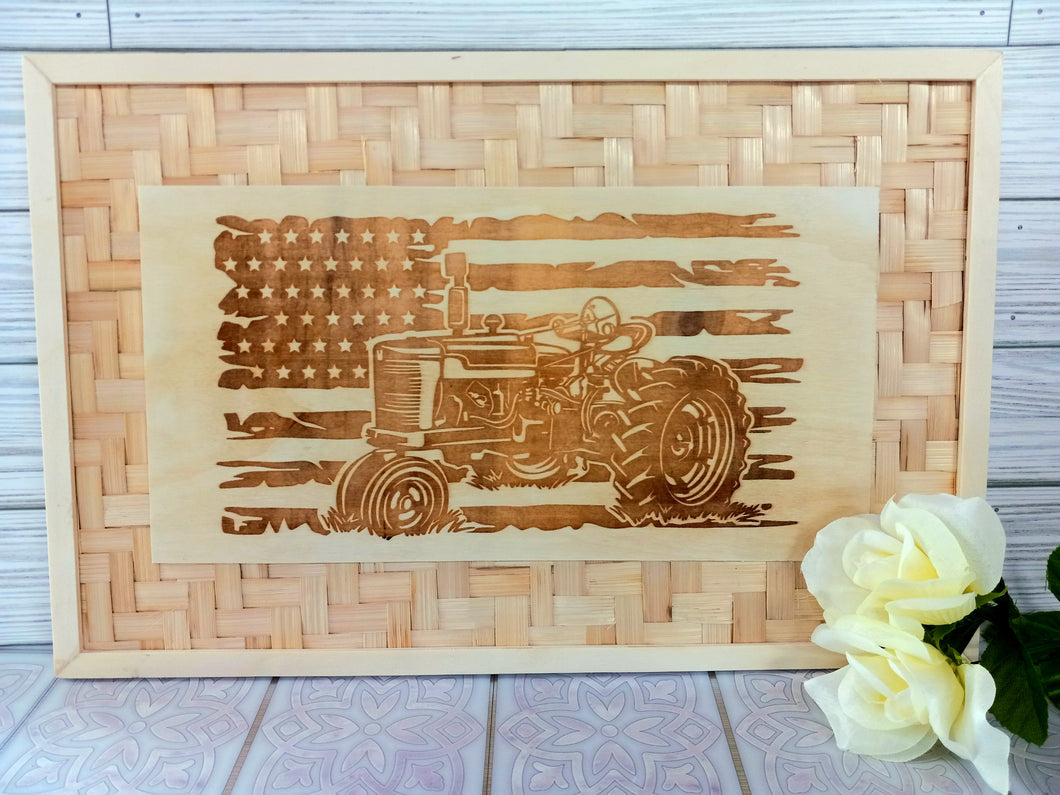 Framed Tractor With Flag Engraving