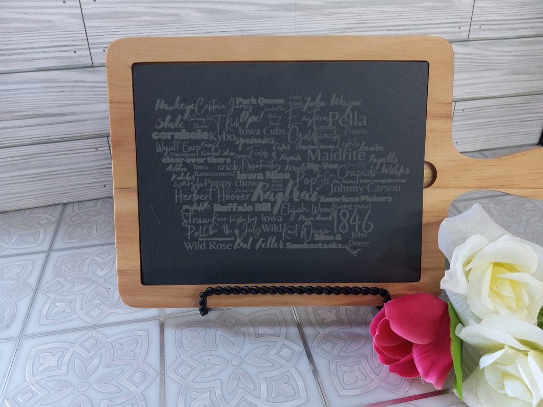 Cheese Board with Engraved Iowa Wood At Slate